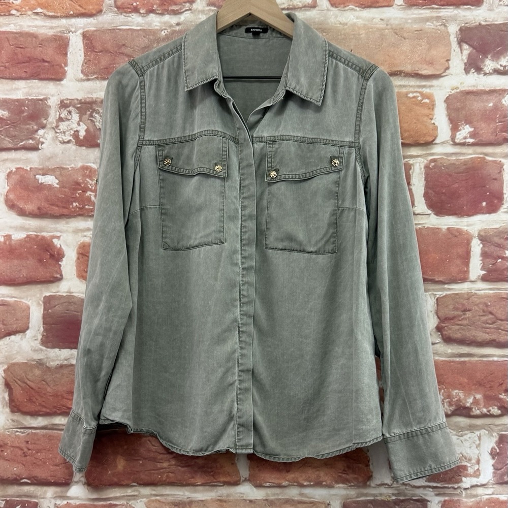 Express Top Women's Small Gray Chambray Denim Distressed Worn Look Casual Shirt